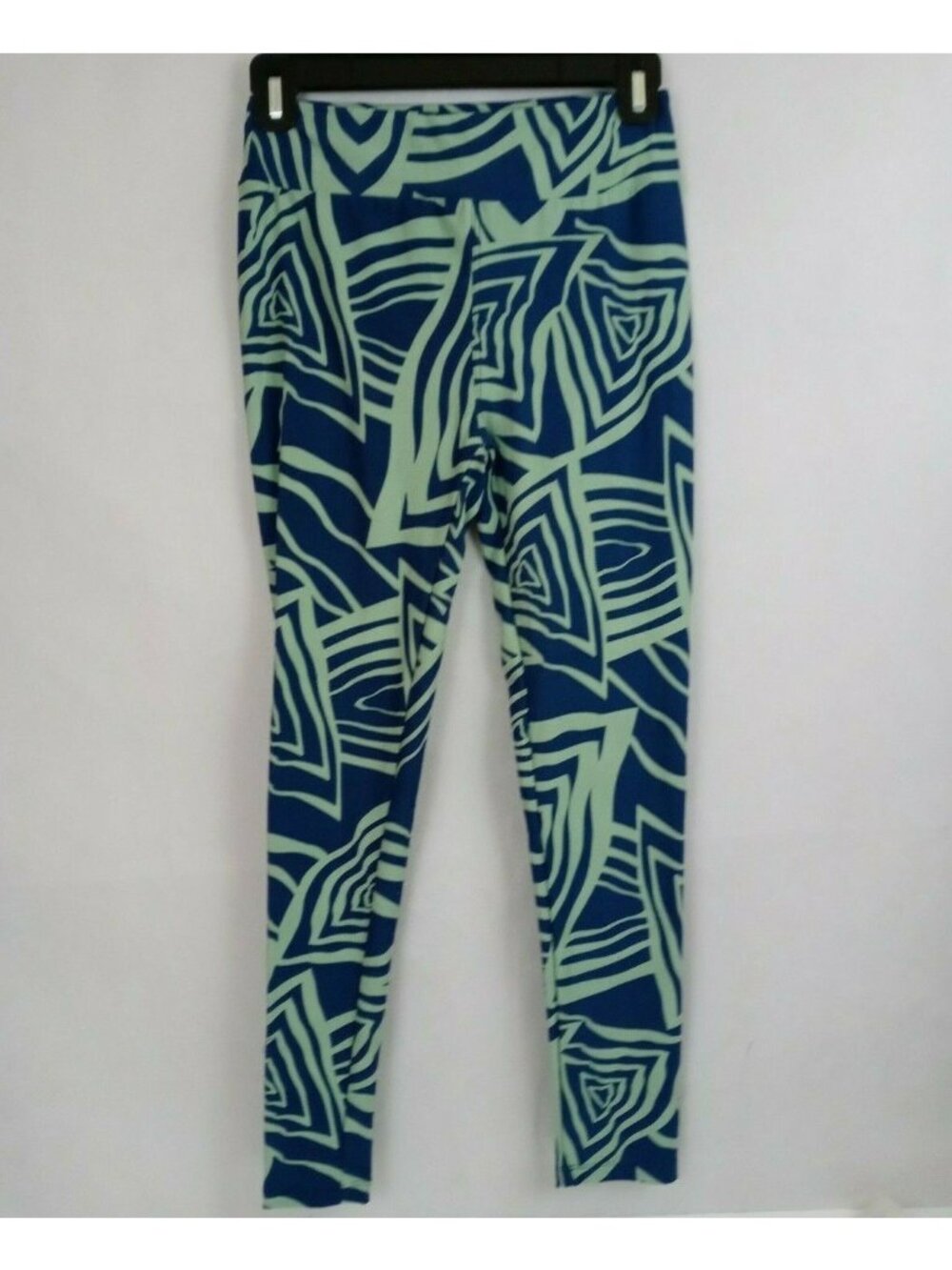 New LuLaRoe One Size Leggings Blue With Green Abstract Stripes & Triangles